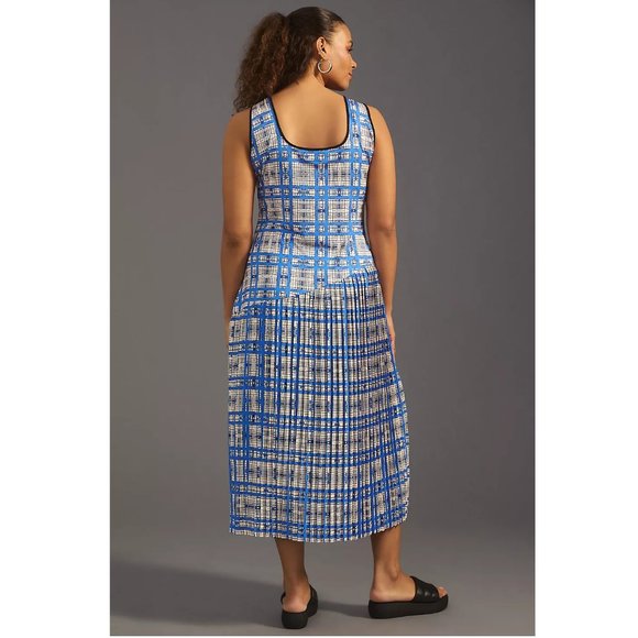 ๐ Anthropologie Dhruv Kapoor Plaid Mesh Midi Dress - Blue White Plaid XL - Picture 3 of 15